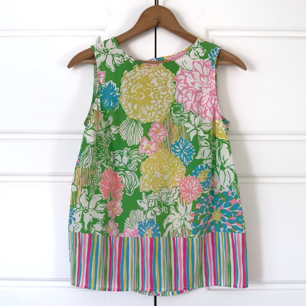 Lilly Pulitzer Iona Floral Sleeveless Top Womens XS Pink Green Silk Hibiscus